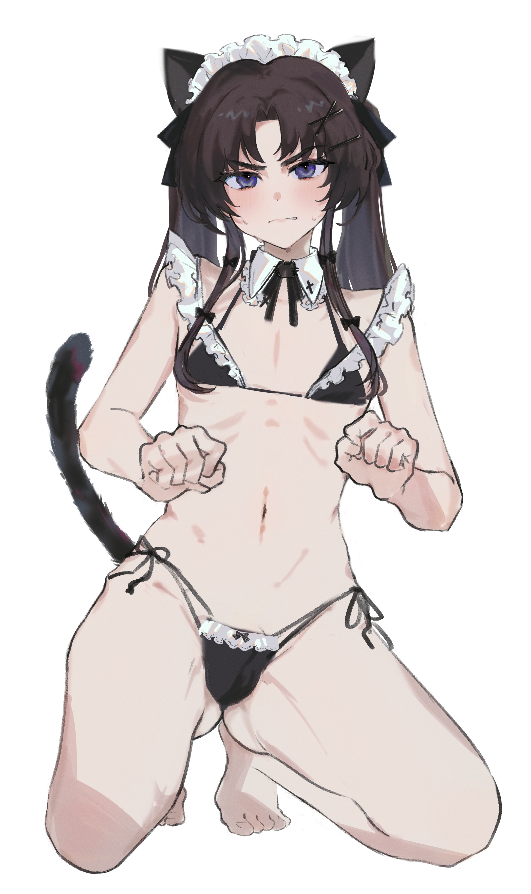 imamiya pinoko, original, absurdres, highres, 1boy, animal ears, ayase ayato (imamiya pinoko), bikini, black hair, blue eyes, bulge, cat ears, cat tail, crossdressing, crossdressing (mtf), detached collar, kneeling, long hair, maid, maid bikini, maid headdress, male maid, solo, sweatdrop, swimsuit, tail, trap, twintails, unconventional maid, white background