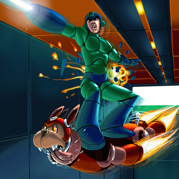 kouno (masao), mega man (character), rush (mega man), capcom, mega man (classic), mega man (series), 1boy, dog, fangs, non-humanoid robot, realistic, robot animal, robot dog, saliva, tongue