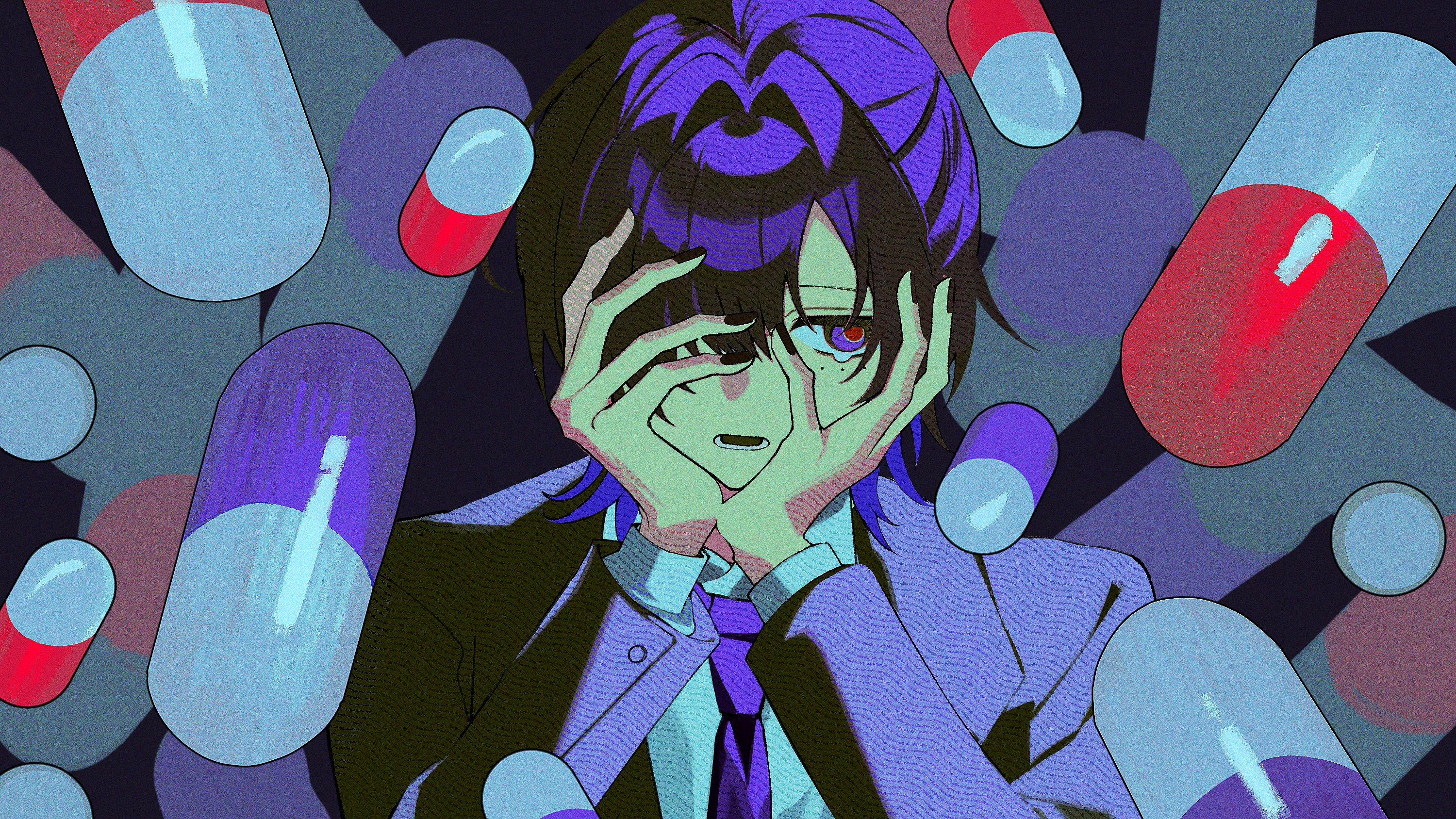 si (wooupp), indie utaite, highres, 1boy, black jacket, collared shirt, formal clothes, hair intakes, hands on own face, hands up, jacket, kujiragi, long sleeves, necktie, open mouth, pill, purple eyes, purple hair, purple necktie, shirt, short hair, solo, suit, upper body, virtual youtuber, white shirt
