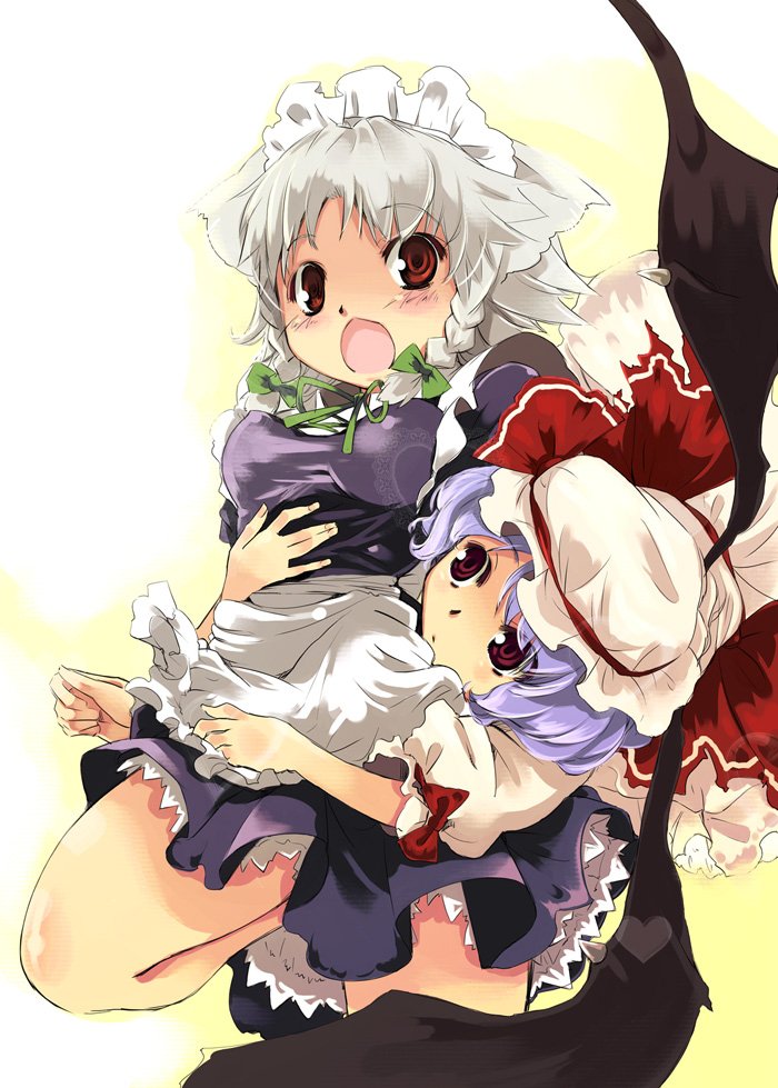 yuu (kfc), inu sakuya (nejikirio), izayoi sakuya, remilia scarlet, touhou, 2girls, animal ears, blue hair, breasts, dog ears, female focus, gradient background, hat, kemonomimi mode, maid, multiple girls, white background, white hair, wings
