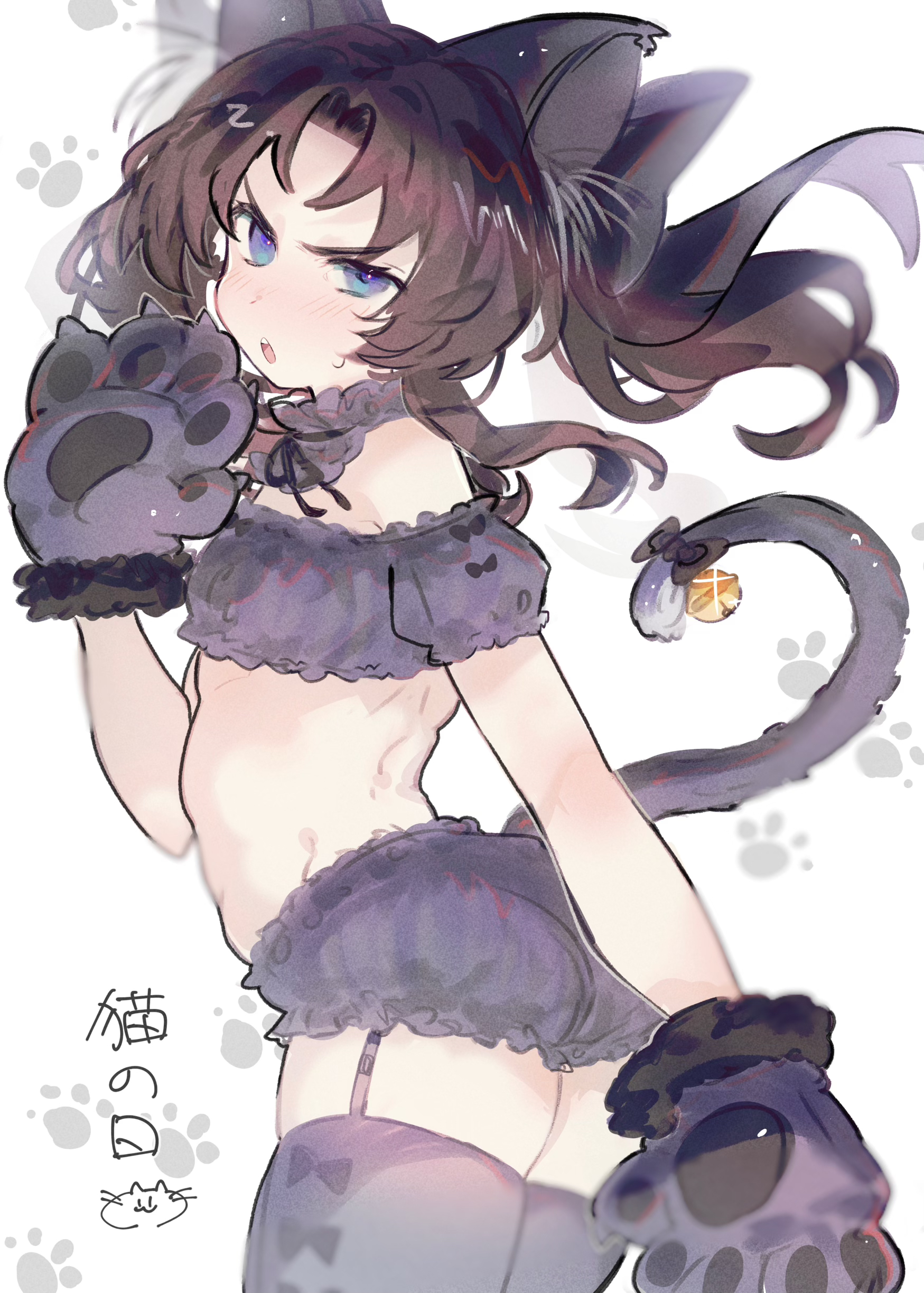 imamiya pinoko, original, absurdres, highres, 1boy, animal ears, animal hands, ayase ayato (imamiya pinoko), back, bell, belly, bikini, blue eyes, bow, brown hair, cat paws, cat tail, crossdressing, crossdressing (mtf), from side, hand up, head tilt, jingle bell, long hair, looking at viewer, looking back, male focus, open mouth, pants, purple bikini, purple bow, purple pants, purple thighhighs, short shorts, shorts, sidelocks, simple background, solo, standing, sweat, swimsuit, tail, thick eyebrows, thighhighs, trap, twintails, white background