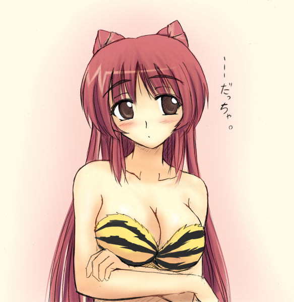 kousaka tamaki, lum, to heart (series), to heart 2, urusei yatsura, 1girl, animal print, blush, breasts, brown eyes, cleavage, cosplay, female focus, gradient background, large breasts, long hair, lum (cosplay), red hair, solo, tiger print