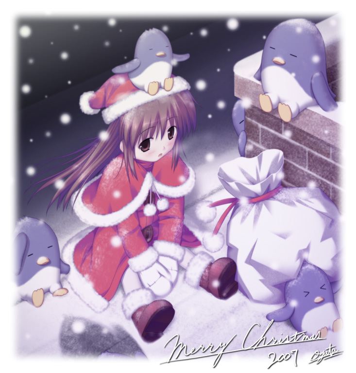 ogata, 1girl, animal, animal on head, bird, bird on head, brown hair, capelet, christmas, female focus, long hair, on head, pantyhose, penguin, santa costume, snow, solo, white pantyhose