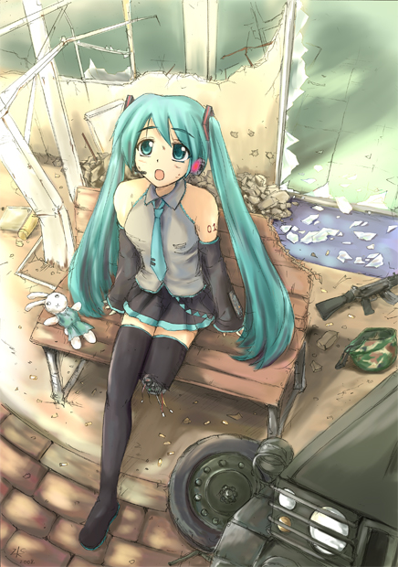 hatsune miku, vocaloid, vehicle, 1girl, amputee, aqua hair, bench, bullet, female focus, gun, military jeep, motor vehicle, rabbit, ruins, sitting, solo, stuffed toy, thighhighs, weapon, x mouth