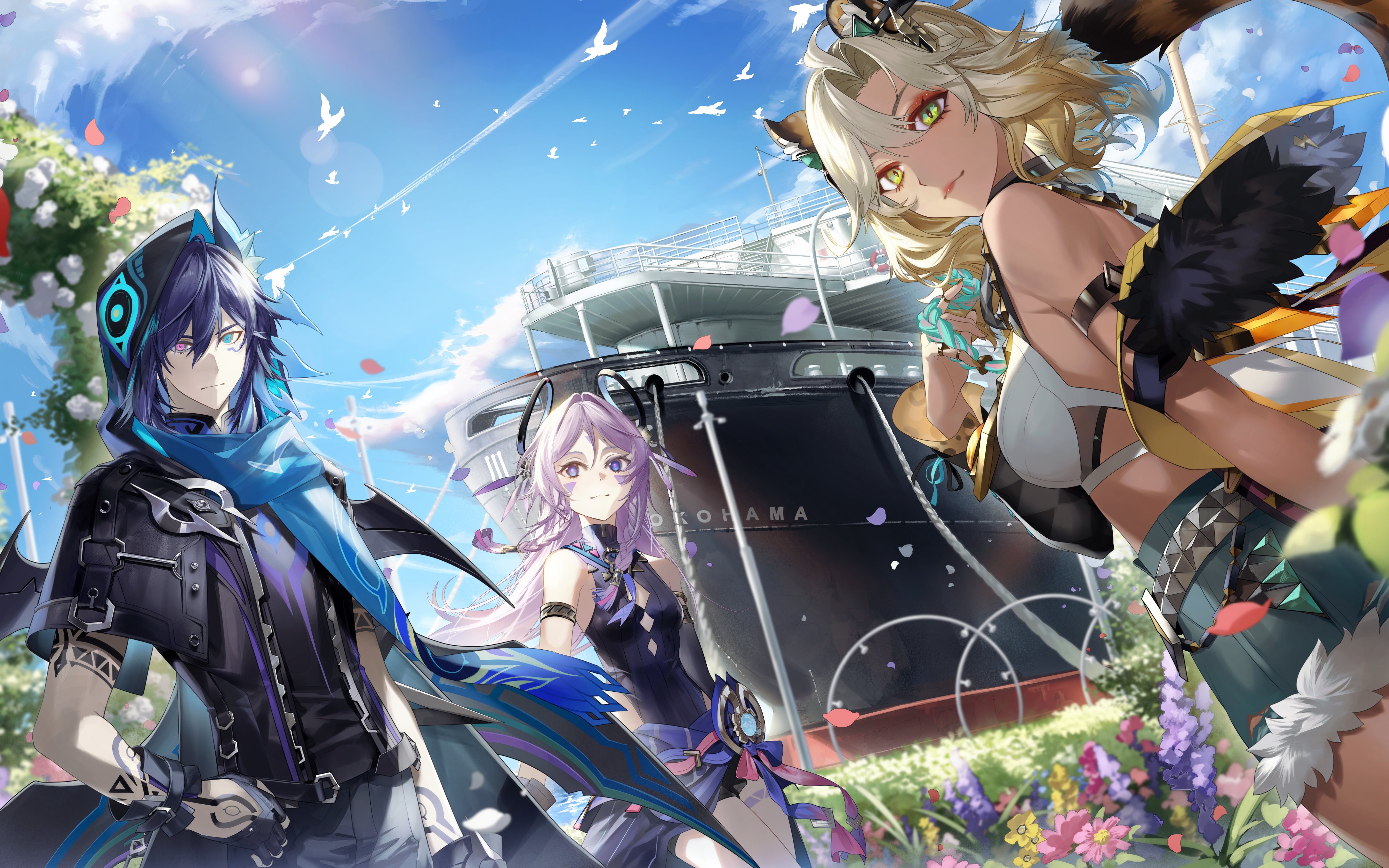 shokuen (oxstl), citlali (genshin impact), ororon (genshin impact), xilonen (genshin impact), genshin impact, absurdres, highres, 1boy, 2girls, animal ear fluff, animal ears, arm tattoo, bare shoulders, bat ears, black gloves, black hood, black jacket, black leotard, blonde hair, blue eyes, blue hair, blue scarf, braid, breasts, closed mouth, crop top, dark-skinned female, dark skin, facial mark, fingerless gloves, floating headgear, forehead mark, fur trim, gloves, green eyes, hair between eyes, hair ornament, headgear, heterochromia, hood, hood up, hooded jacket, jacket, jaguar ears, jaguar girl, jaguar tail, leotard, long hair, multicolored hair, multiple girls, pink eyes, pink hair, pink pupils, scarf, ship, shorts, tail, tattoo, triangle, triangle facial mark, vision (genshin impact), watercraft