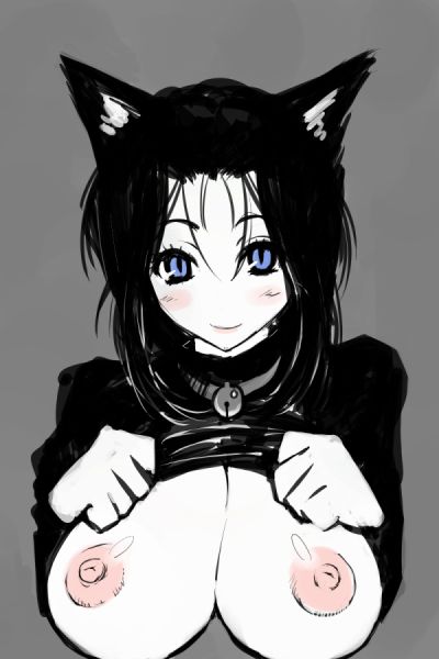 michael f91, animal ears, black hair, blue eyes, blush, breasts, clothes lift, collar, huge breasts, large breasts, nipples, shirt lift, smile, solo