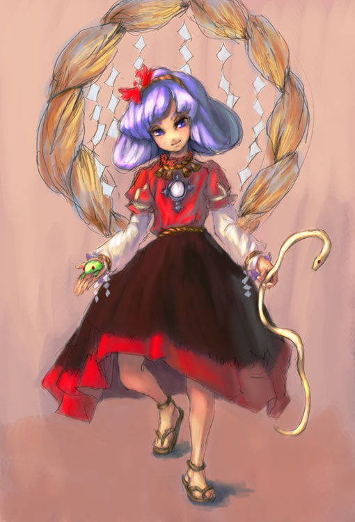 binayu, yasaka kanako, touhou, 1girl, female focus, frog, hair ornament, leaf hair ornament, snake, solo