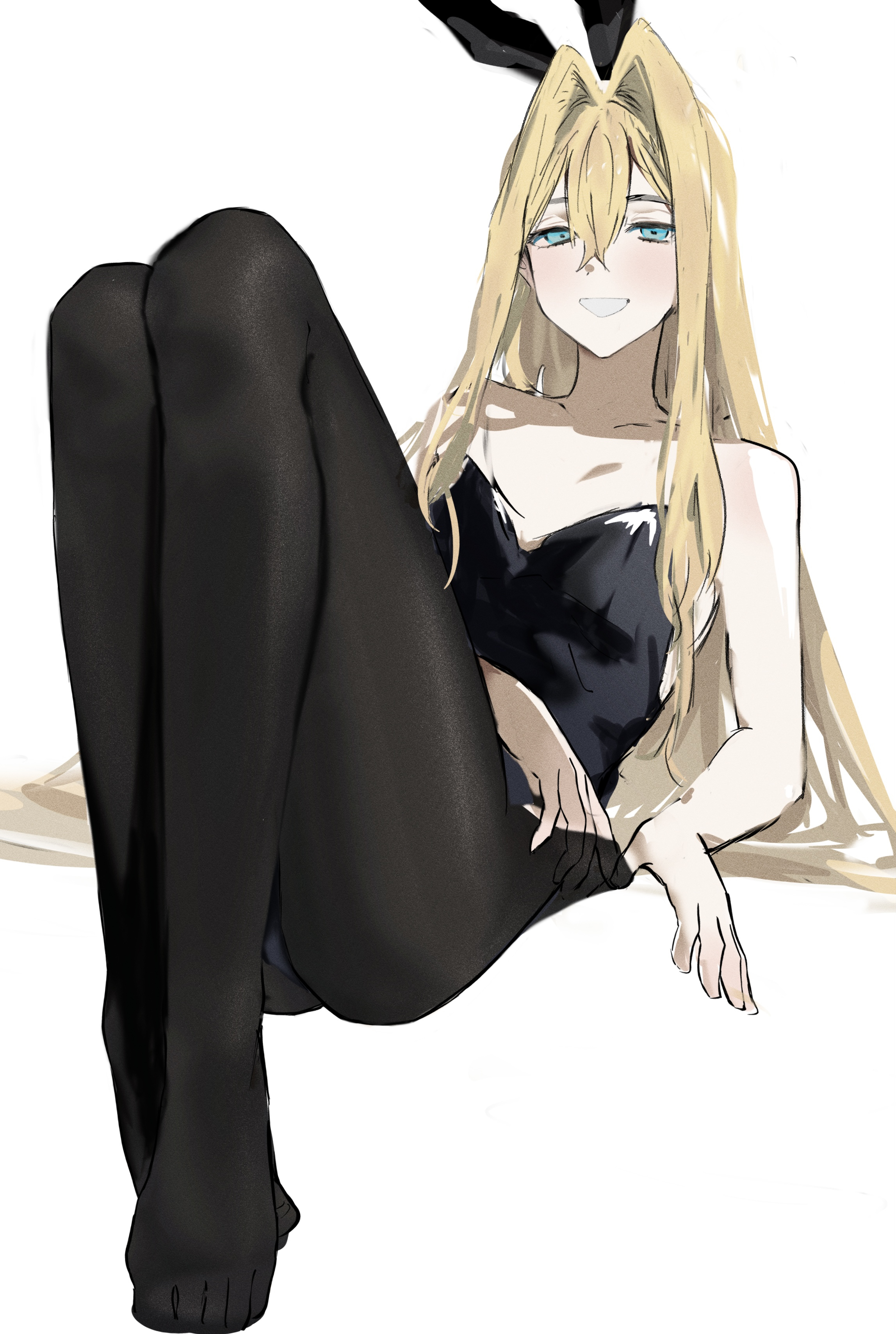 imamiya pinoko, original, absurdres, highres, 1boy, animal ears, blonde hair, blue eyes, fake animal ears, grin, hair intakes, kakage azusa (imamiya pinoko), long hair, male playboy bunny, pantyhose, rabbit ears, reclining, sitting, smile, solo, trap, white background