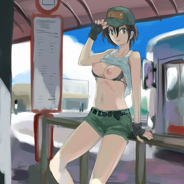 michael f91, vehicle, 1girl, baseball cap, bra, bra pull, breasts, brown hair, bus, bus stop, clothes lift, clothes pull, cutoffs, denim, denim shorts, female focus, fingerless gloves, gloves, green apparel, green eyes, green hat, hat, lingerie, motor vehicle, nipples, shirt lift, short hair, shorts, smile, solo, tank top, underwear