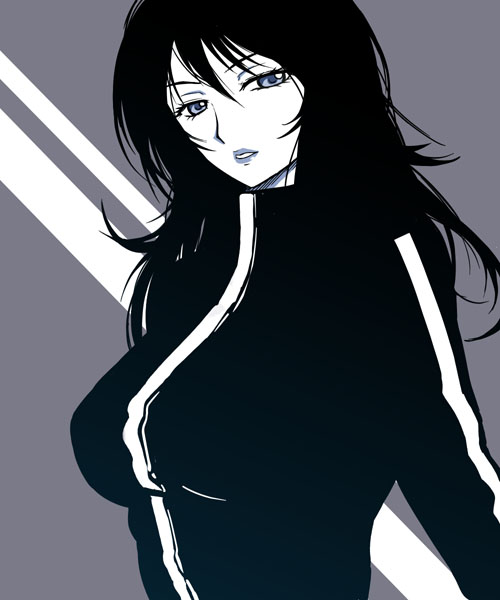 michael f91, 1girl, black hair, blue eyes, blue theme, female focus, lipstick, long hair, makeup, monochrome, solo