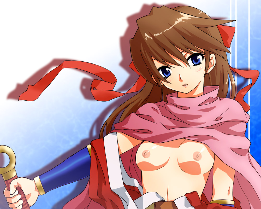 michael f91, 1girl, blue eyes, breasts, brown hair, female focus, hair ribbon, long hair, medium breasts, nipples, open clothes, ribbon, solo