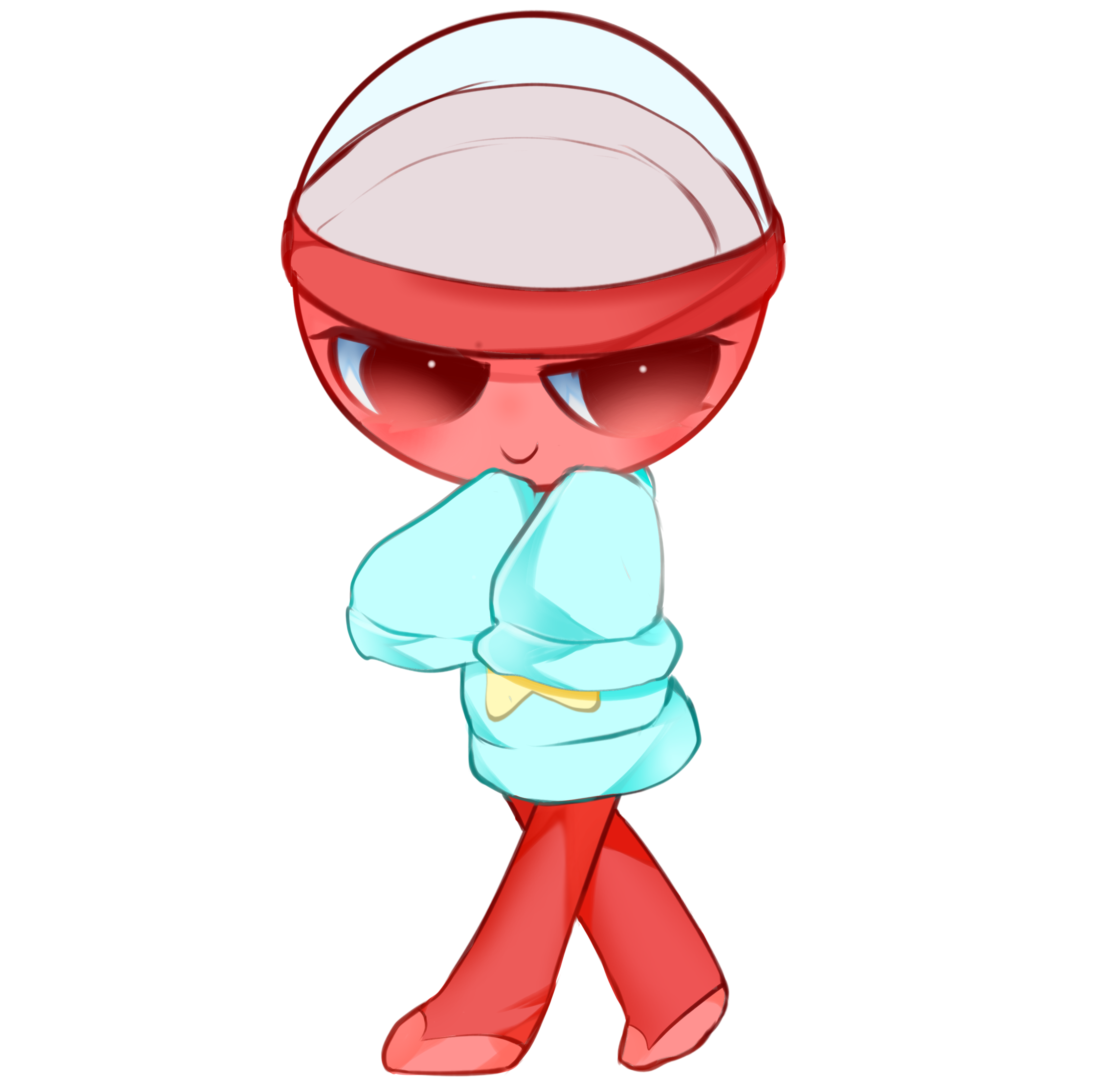 dandy's world, absurdres, highres, non-web source, 1girl, blue shirt, colored skin, gashapon, gigi (dandy's world), hands on own cheeks, hands on own face, leggings, long sleeves, looking to the side, no shoes, oversized clothes, pants, red eyes, red pants, red skin, saturated, shirt, simple background, sketch, sleeves past fingers, sleeves past wrists, smile, solo, sweater, turtleneck, walking, white background