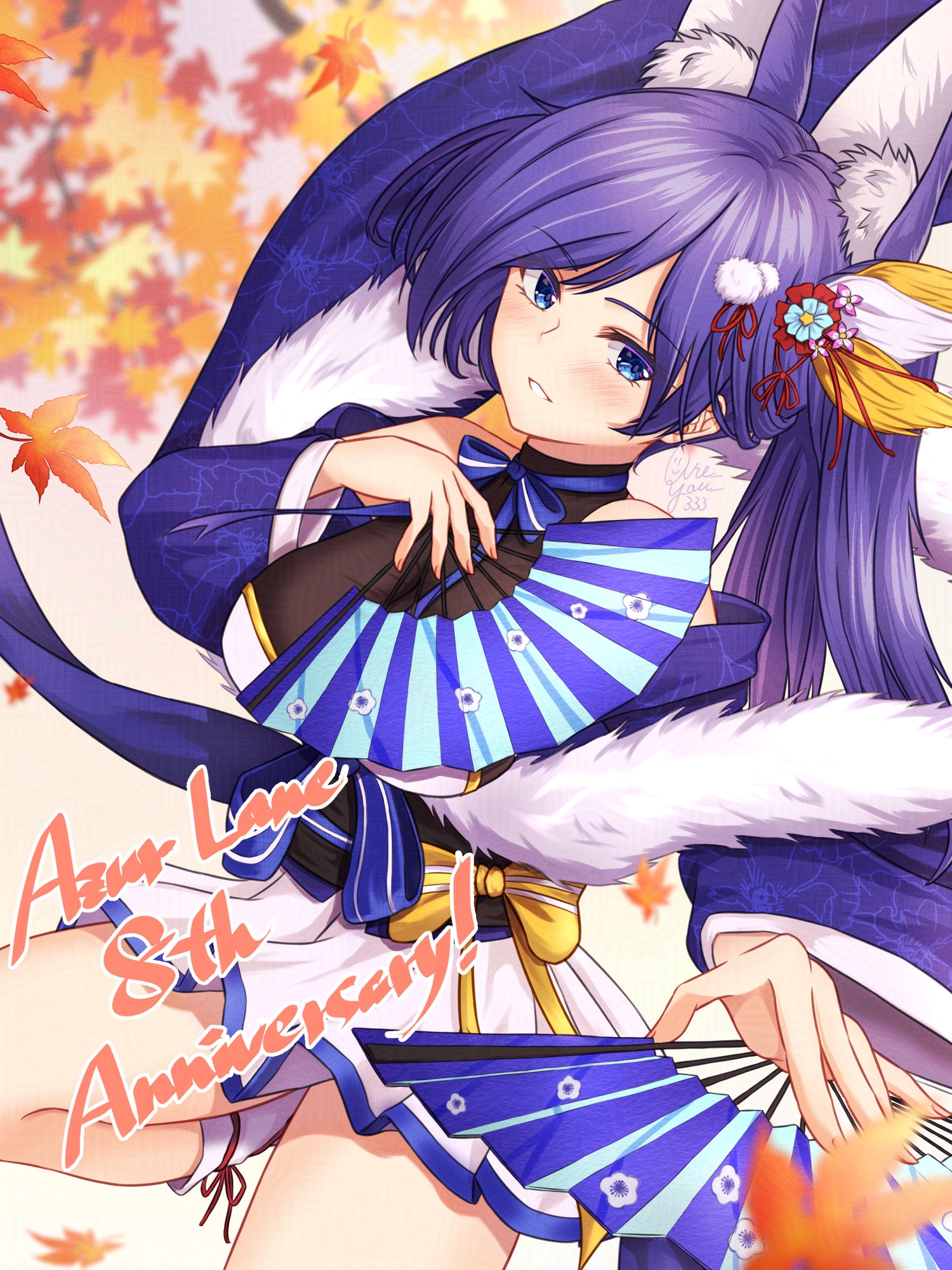 are you 333, jintsuu (azur lane), jintsuu (retrofit) (azur lane), azur lane, commentary request, highres, 1girl, animal ear fluff, animal ears, anniversary, autumn leaves, bare shoulders, black sash, blue eyes, breasts, copyright name, flower, folded fan, folding fan, fox ears, fox tail, fur scarf, hair flower, hair ornament, hand fan, holding, holding fan, large breasts, leaf, leg up, long hair, looking at viewer, purple hair, sash, semi-transparent, skirt, socks, solo, tail, white skirt, white socks, wide sleeves