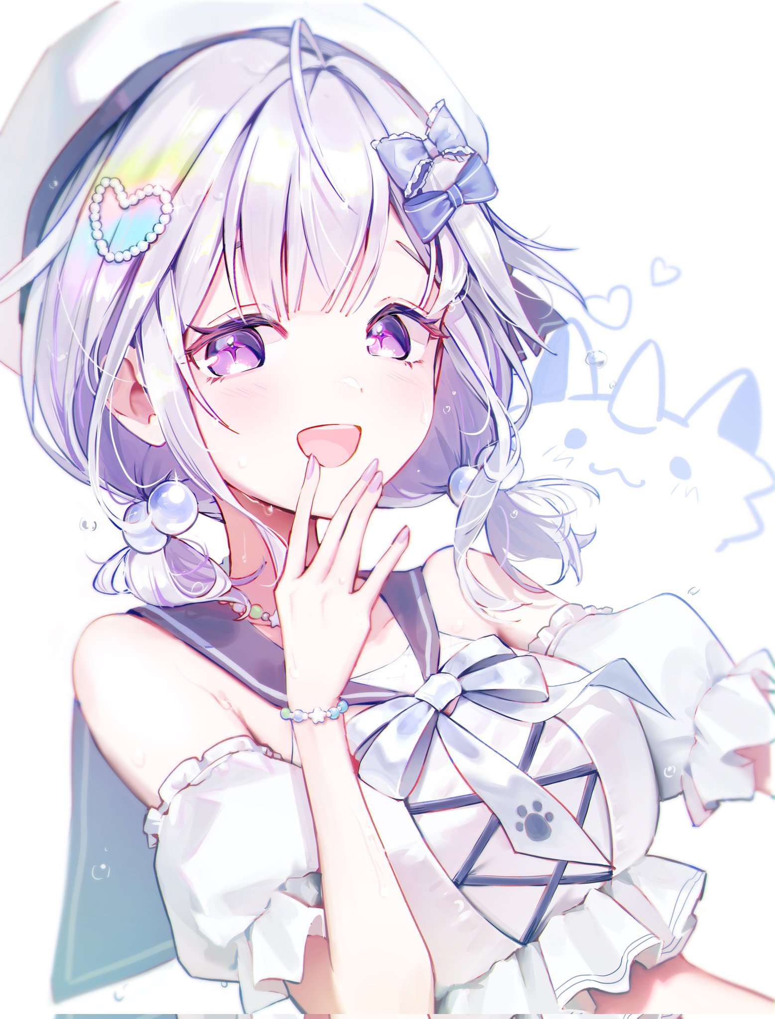 ayatsuno yuni, stellive, commentary request, corrupted twitter file, highres, korean commentary, 1girl, ahoge, armband, armpit crease, arnyang (ayatsuno yuni), beret, bikini, bow, bow bikini, bracelet, double-parted bangs, eyelashes, frilled armband, frilled bikini, frills, grey bow, grey hair, hair bobbles, hair bow, hair ornament, hand up, hat, heart, heart hair ornament, jewelry, looking at viewer, medium hair, nail polish, necklace, open mouth, pink nails, print bow, purple bow, purple eyes, purple sailor collar, sailor bikini, sailor collar, seon (seonn123), simple background, smile, solo, star-shaped pupils, star (symbol), sweat, swimsuit, symbol-shaped pupils, upper body, virtual youtuber, white armband, white background, white bikini, white hat