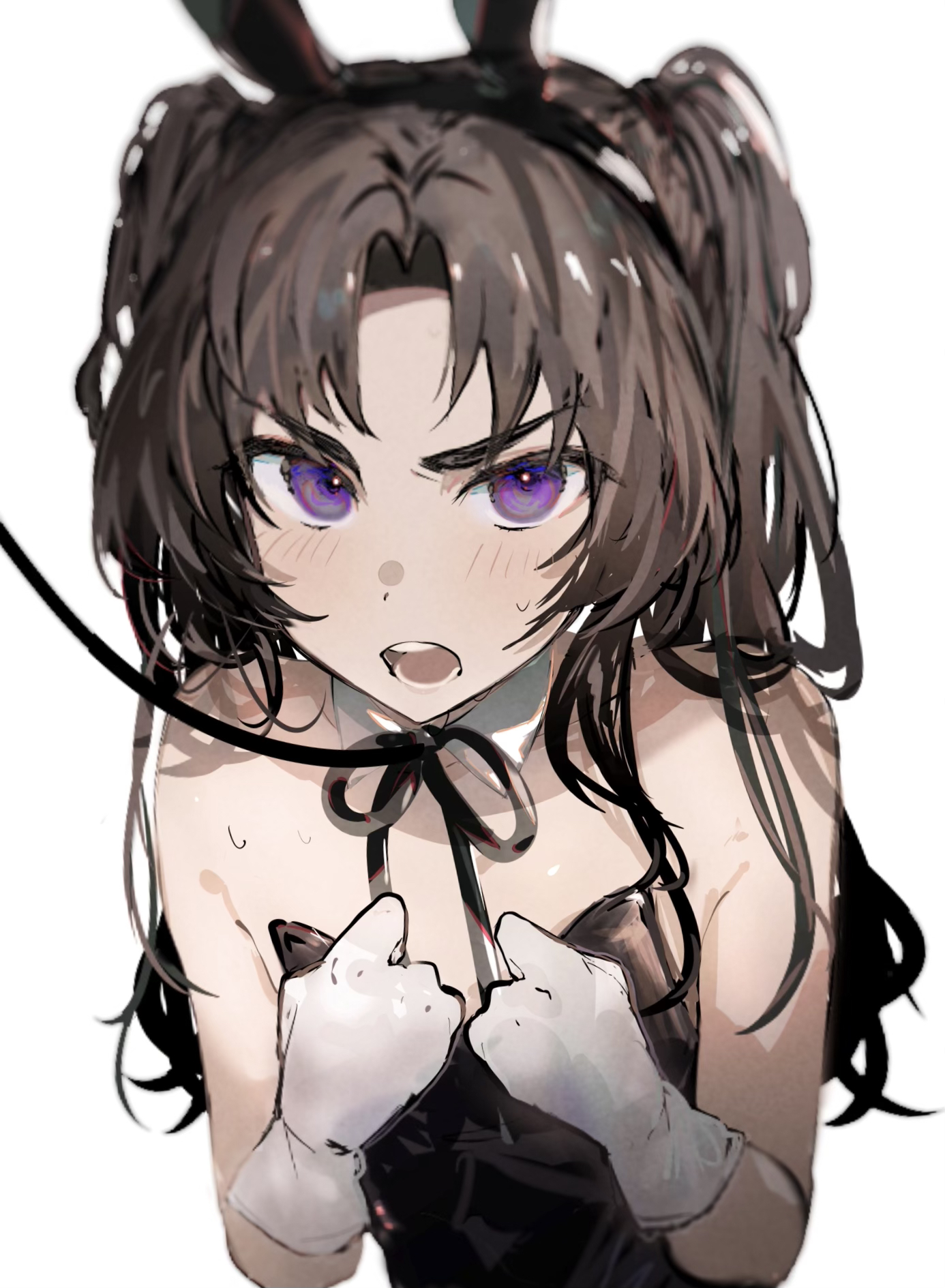 imamiya pinoko, original, highres, 1boy, animal ears, ayase ayato (imamiya pinoko), black hair, crossdressing, crossdressing (mtf), fake animal ears, gloves, long hair, male playboy bunny, purple eyes, rabbit ears, solo, sweat, trap, twintails, upper body, white background, white gloves
