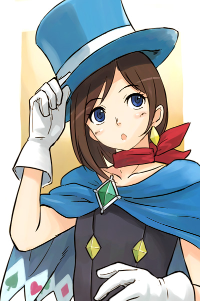 michael f91, trucy wright, ace attorney, apollo justice: ace attorney, capcom, 1girl, :o, blue eyes, blue hat, brown hair, cape, diamond (shape), earrings, female focus, flat chest, gloves, hat, heart, jewelry, open mouth, short hair, single earring, solo, spade (shape)