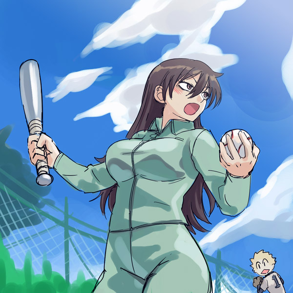 michael f91, momoe maria, ookiku furikabutte, 00s, ball, baseball, baseball (object), baseball bat, blush, brown eyes, brown hair, long hair