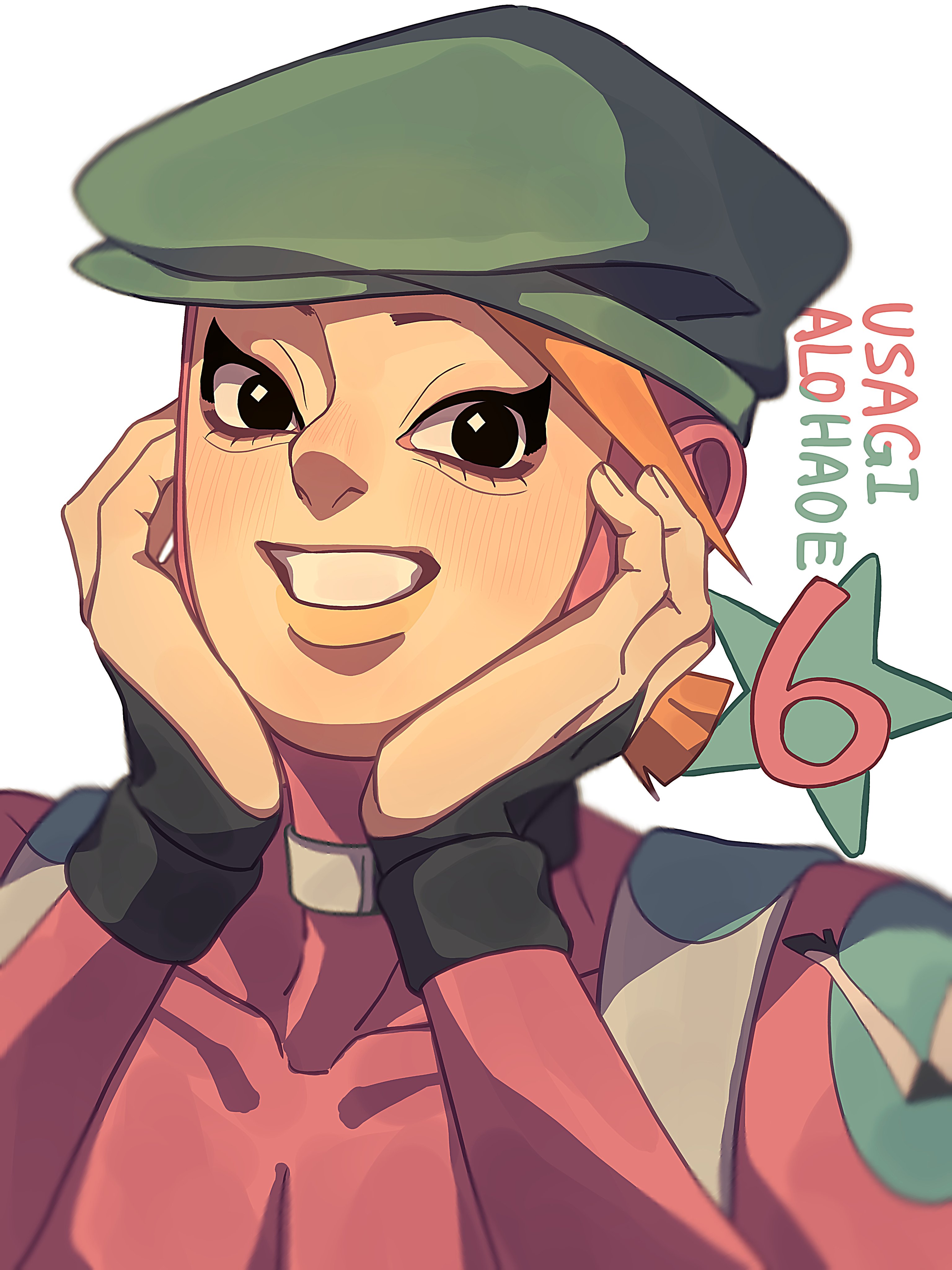 siniy, usagi aloha'oe, jojo no kimyou na bouken, the jojolands, absurdres, commentary, highres, symbol-only commentary, 1boy, beret, bishounen, black bridal gauntlets, black choker, black eyes, blush, bodysuit, bridal gauntlets, character name, choker, clenched teeth, green hat, grin, hands on own cheeks, hands on own face, hat, looking at viewer, male focus, numbered, orange hair, pink bodysuit, smile, solo, teeth, white background