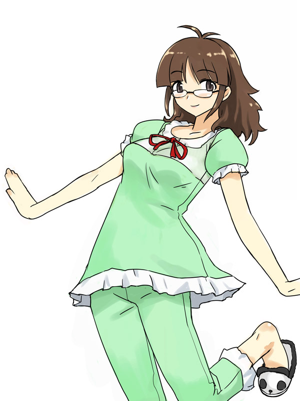 michael f91, akizuki ritsuko, idolmaster, idolmaster (classic), 00s, 1girl, brown eyes, brown hair, female focus, glasses, hair down, pajamas, slippers, solo