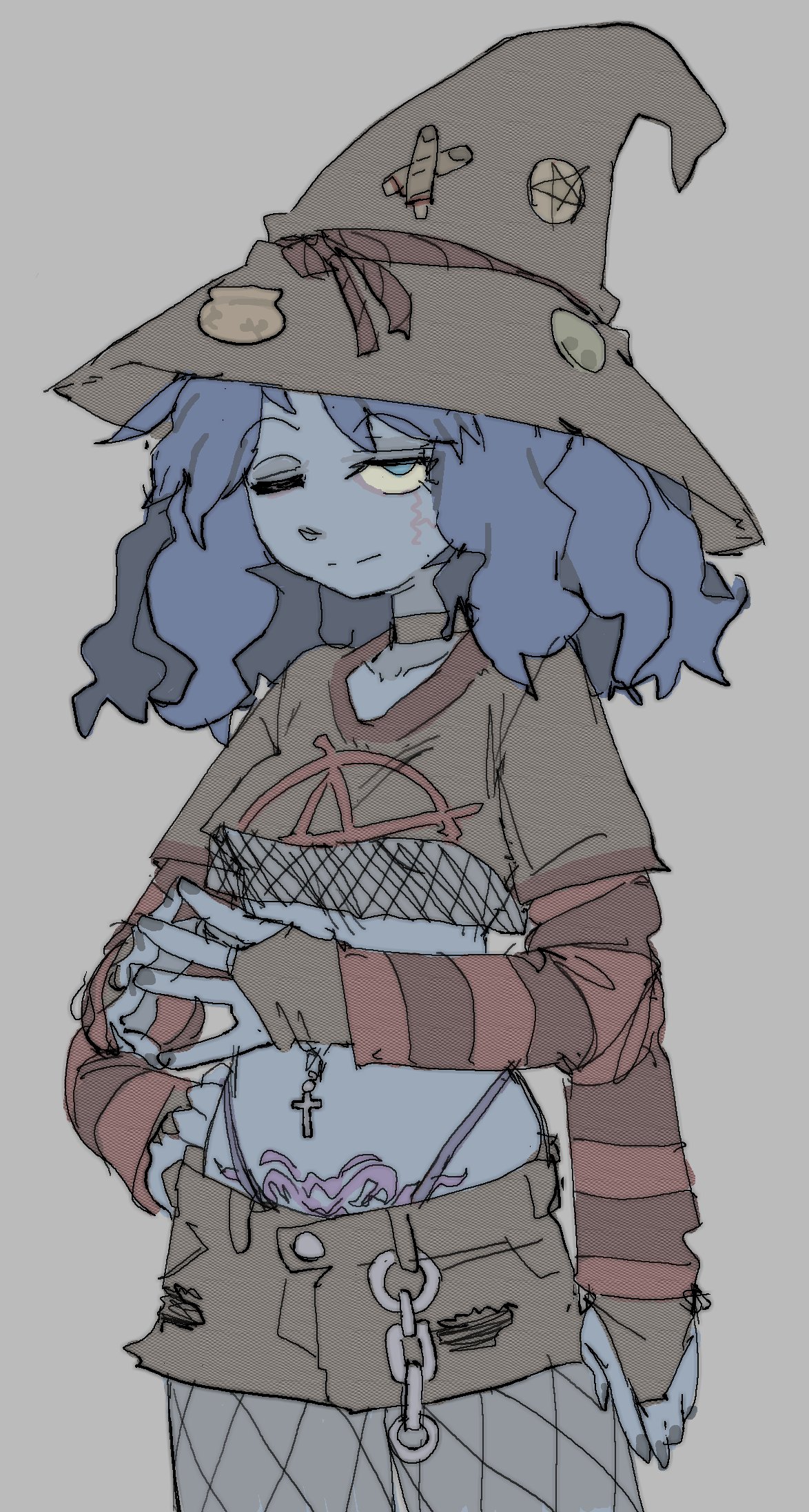 pantsu-ripper, ranni the witch, elden ring, highres, 1girl, alternate costume, blue eyes, blue hair, blue skin, breasts, brown shirt, brown shorts, choker, closed mouth, colored skin, cowboy shot, crop top, extra arms, fishnet pantyhose, fishnets, grey background, half-closed eyes, hand on own hip, hat, horizontal-striped sleeves, light smile, medium hair, one eye closed, panty straps, pantyhose, pubic tattoo, shirt, shorts, simple background, small breasts, solo, standing, steepled fingers, striped sleeves, tattoo, underboob, witch hat