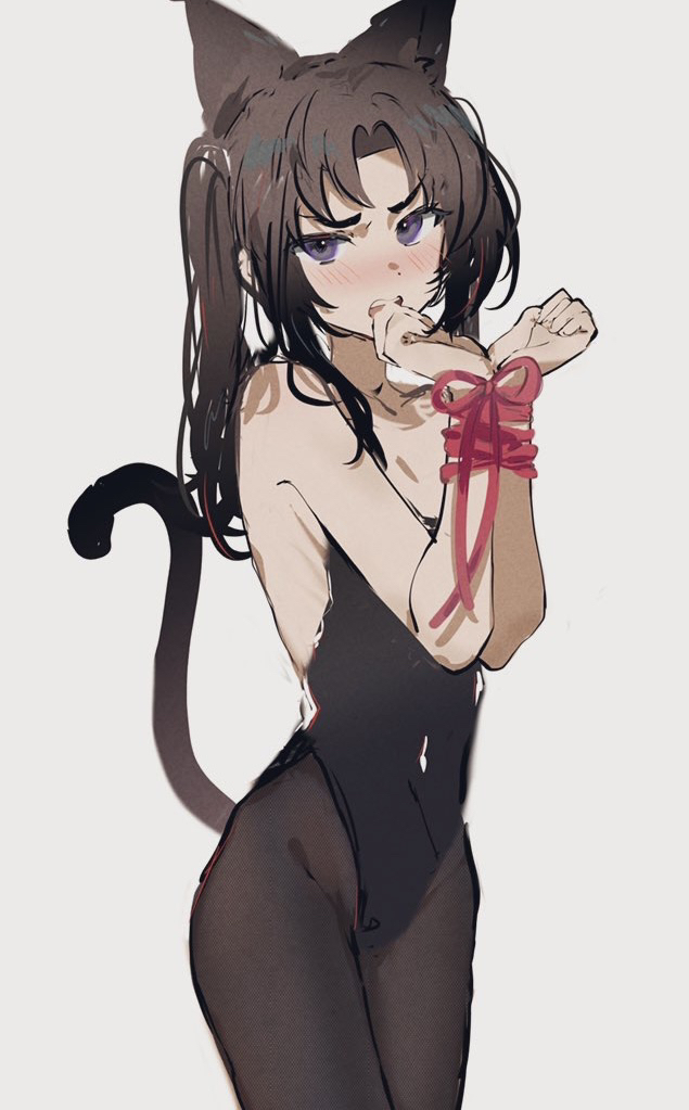 imamiya pinoko, original, 1boy, animal ears, ayase ayato (imamiya pinoko), black tail, blush, bound, brown eyes, brown hair, cat ears, cat tail, covered erect nipples, crossdressing, crossdressing (mtf), leotard, long hair, looking at viewer, male focus, male playboy bunny, nose blush, pantyhose, ribbon, ribbon bondage, sketch, solo, tail, trap, white background