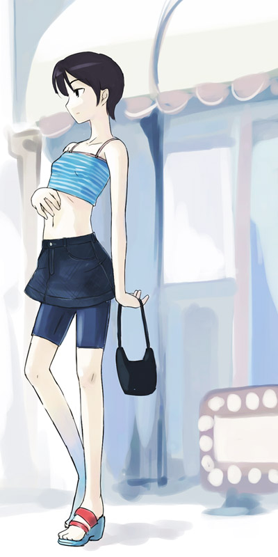 michael f91, 1girl, bag, bike shorts, black bike shorts, black hair, black skirt, blue sandals, blue shirt, breasts, collarbone, handbag, holding, holding bag, midriff, navel, sandals, shirt, short hair, sign, skirt, small breasts, solo, spandex, standing, striped clothes, striped shirt, tank top