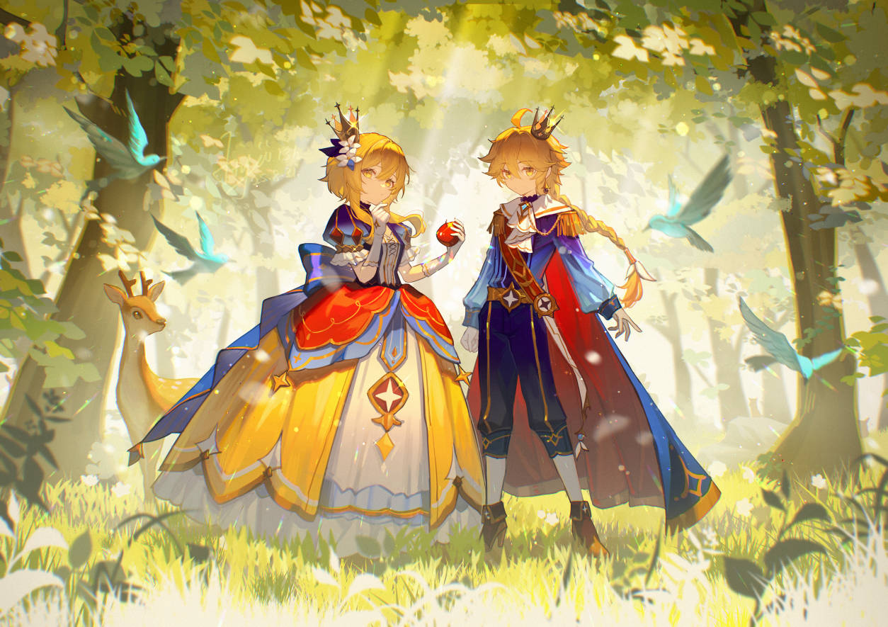 ayiiiyiii, aether (genshin impact), lumine (genshin impact), snow white (fairy tale character), genshin impact, snow white (fairy tale), 1boy, 1girl, apple, black pants, blonde hair, blue shirt, brother and sister, cosplay, crown, dress, earrings, flower, food, fruit, gloves, hair between eyes, hair flower, hair ornament, holding, holding food, holding fruit, jewelry, long hair, long sleeves, mini crown, multicolored dress, pants, puffy sleeves, shirt, siblings, single earring, snow white (fairy tale character) (cosplay), white gloves, yellow eyes