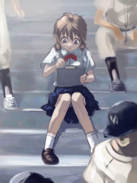 michael f91, shinooka chiyo, ookiku furikabutte, 00s, 1girl, baseball, school uniform, serafuku, sitting, sitting on stairs, solo focus, stairs
