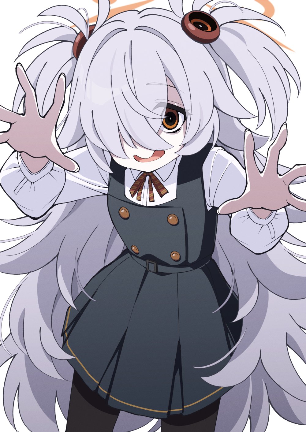 tsukimirin, kanoe (blue archive), blue archive, commentary request, highres, 1girl, black dress, black pantyhose, brown eyes, brown halo, dress, grey hair, hair over one eye, halo, long hair, looking at viewer, open mouth, pantyhose, simple background, solo, two side up, white background
