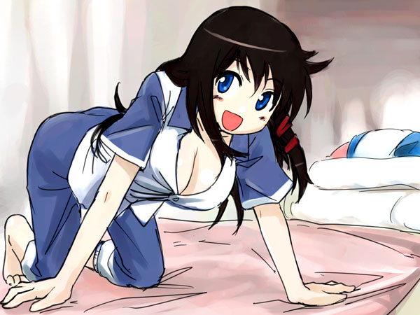 michael f91, xp-tan, os-tan, 1girl, all fours, barefoot, bed, black hair, blue eyes, breasts, cleavage, female focus, happy, large breasts, pajamas, solo