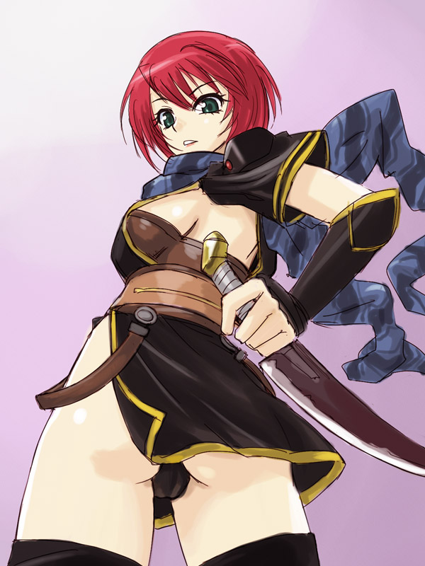 michael f91, nel zelpher, square enix, star ocean, 1girl, back, breasts, female focus, green eyes, knife, large breasts, looking back, panties, pantyshot, red hair, scarf, short hair, sideboob, solo, thighhighs, underwear