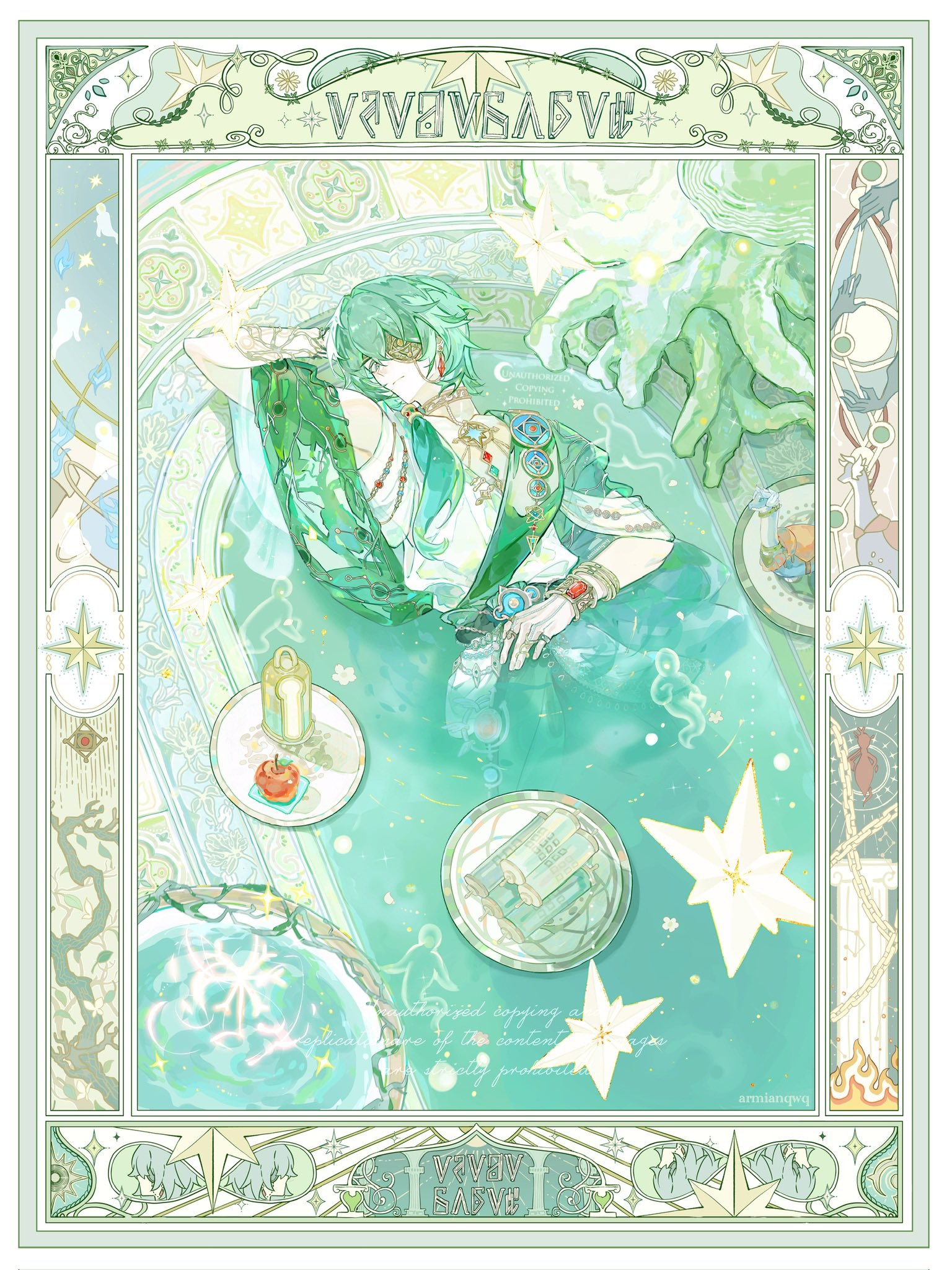 armian, anaxa (honkai: star rail), honkai: star rail, honkai (series), commentary, english commentary, highres, 1boy, ancient greek clothes, apple, aqua eyes, aqua theme, arm behind head, arm tattoo, art nouveau, bare shoulders, basin, bathtub, black sash, border, bracelet, bracer, closed mouth, clothed bath, clothing cutout, colored eyelashes, crystal earrings, dromas (honkai: star rail), earrings, eyepatch, floating tray, flower on liquid, food, fruit, gem, gold choker, greco-roman clothes, green gemstone, green hair, green sash, hair between eyes, hair intakes, hair over shoulder, hand chains, hand on own stomach, himation, in bathtub, jewelry, lantern, long hair, looking at viewer, low side ponytail, lying, male focus, multiple rings, on back, one eye covered, partially submerged, pendant choker, red gemstone, ring, sash, scroll, shoulder cutout, shoulder sash, sideways glance, single earring, solo, spirit, star (symbol), stuffed animal, stuffed toy, tattoo, three-quarter sleeves, tray, tree stump, tunic, upper body, waist sash, wallet chain, water, white border, white tunic
