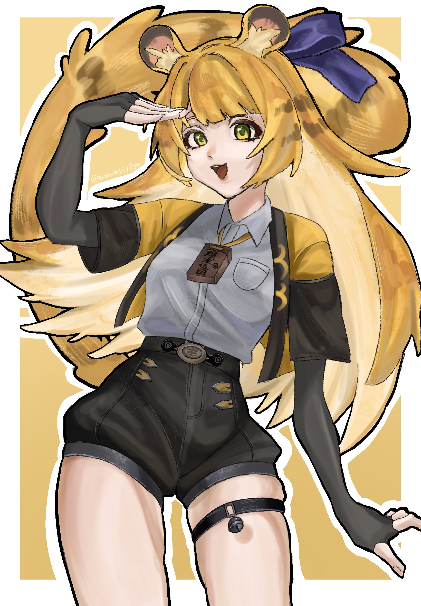 agencypostart, ju fufu, zenless zone zero, highres, animal ear fluff, animal ears, blue ribbon, bow, colored inner hair, green eyes, grey shirt, hand up, high-waist shorts, jacket, multicolored hair, open mouth, orange fur, ribbon, shirt, shorts, striped fur, striped hair, tail, tail bow, tail ornament, thigh strap, thighs, tiger ears, tiger girl, tiger stripes, tiger tail, yellow background, yellow jacket