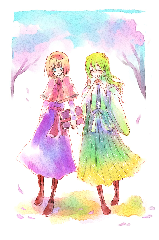 tadano kagekichi, alice margatroid, kochiya sanae, touhou, painting (medium), traditional media, watercolor (medium), 2girls, bare shoulders, blonde hair, book, closed eyes, detached sleeves, female focus, full body, green hair, hair ornament, hairclip, long hair, multiple girls, outdoors, plant, short hair, sky, smile, standing, tree