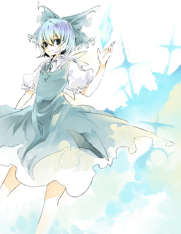 k (li), cirno, embodiment of scarlet devil, touhou, 1girl, bow, collared shirt, dress, female focus, hair between eyes, pinafore dress, shirt, sleeveless dress, solo, white background