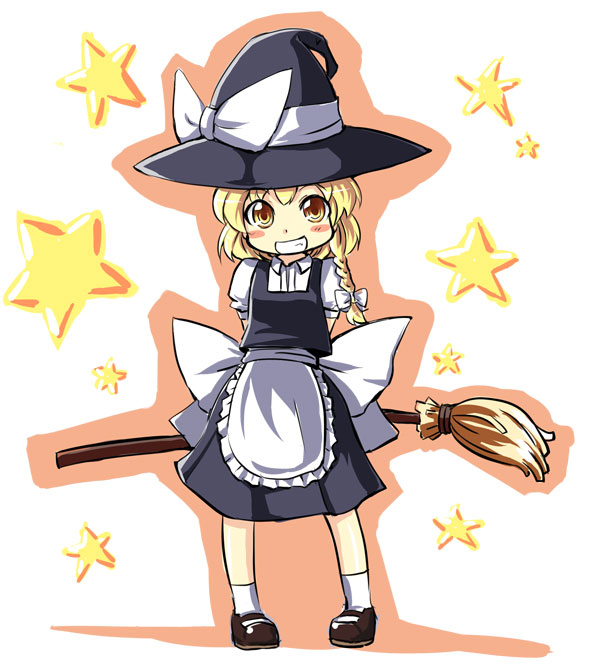 gin'ichi (akacia), ginichi, kirisame marisa, touhou, 1girl, apron, arms behind back, black hat, black shoes, black skirt, black vest, blonde hair, blush stickers, bow, braid, broom, female focus, frilled apron, frills, full body, grin, hair between eyes, hair bow, hat, hat bow, hat ribbon, holding, holding broom, long hair, looking at viewer, mary janes, puffy short sleeves, puffy sleeves, ribbon, shirt, shoes, short sleeves, skirt, smile, socks, solo, standing, star (symbol), vest, waist apron, white apron, white background, white bow, white ribbon, white shirt, white socks, witch hat, yellow eyes