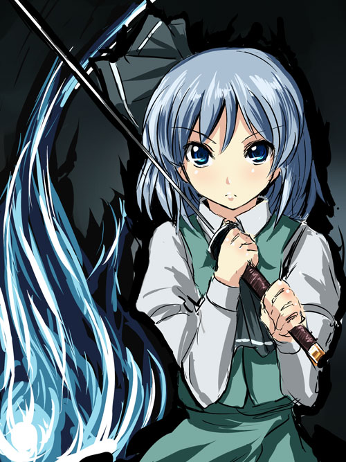gin'ichi (akacia), ginichi, konpaku youmu, konpaku youmu (ghost), touhou, silver hair, >:), 1girl, blue eyes, blush, closed mouth, collared shirt, dress, female focus, floating, ghost, green dress, hitodama, katana, long sleeves, looking at viewer, looking back, shirt, solo, sword, v-shaped eyebrows, weapon, white shirt