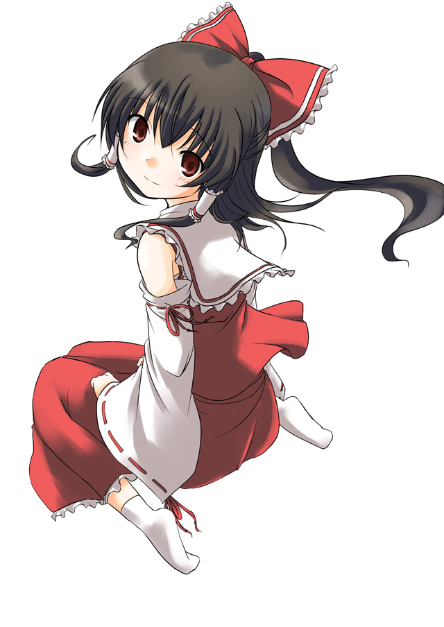 nanahoshi pal, hakurei reimu, touhou, 1girl, black hair, bow, collar, detached sleeves, dress, female focus, hair bow, long hair, long sleeves, looking at viewer, ponytail, red bow, red dress, red eyes, ribbon-trimmed sleeves, ribbon trim, simple background, solo, white background