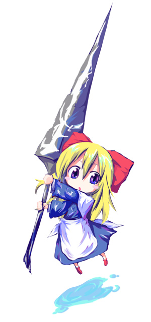 kuroneko no toorimichi, shanghai doll, touhou, 1girl, apron, blonde hair, blue dress, blue eyes, chibi, doll, dress, female focus, full body, lance, long sleeves, looking at viewer, polearm, short hair, solo, waist apron, weapon