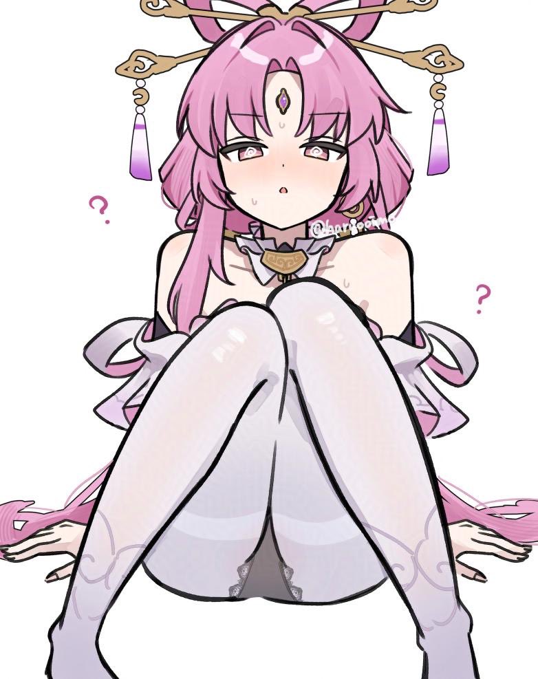 haruo (haruooimo), fu xuan (honkai: star rail), honkai: star rail, honkai (series), 1girl, bare back, bow-shaped hair, bridal gauntlets, detached sleeves, forehead jewel, from behind, hair ornament, hairpin, knees together feet apart, looking at viewer, orb, panties, pantyhose, parted bangs, pink hair, red eyes, short sleeves, sitting, solo, underwear, white pantyhose
