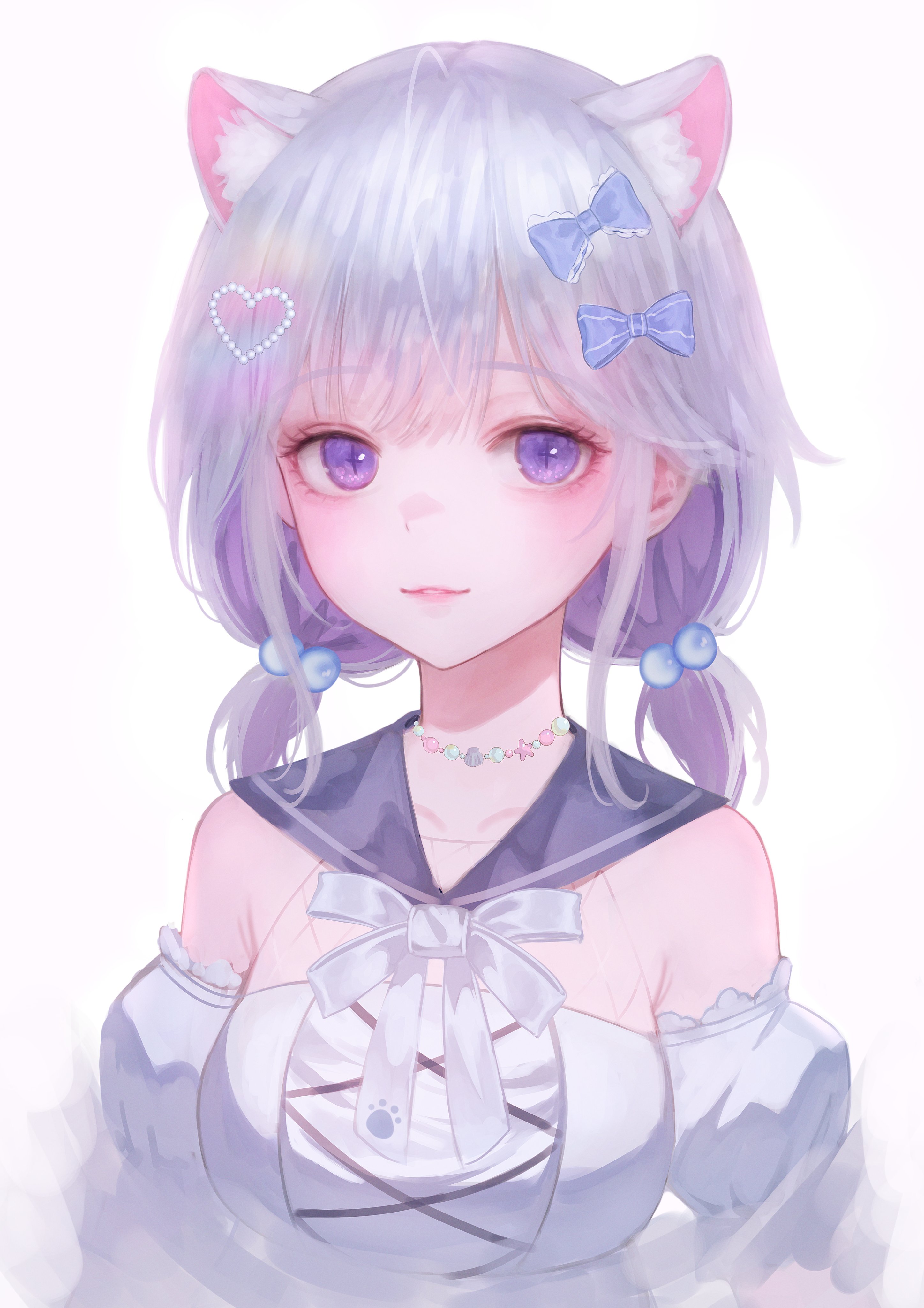 ayatsuno yuni, stellive, absurdres, hashtag-only commentary, highres, 1girl, animal ear fluff, animal ears, armband, bow, breasts, cat ears, eyelashes, grey hair, hair bobbles, hair bow, hair ornament, jewelry, light smile, looking at viewer, medium hair, mongtti, necklace, parted bangs, paw print, print bow, purple bow, purple eyes, purple sailor collar, sailor collar, sailor shirt, shirt, simple background, sleeveless, sleeveless shirt, solo, sparkle, star-shaped pupils, star (symbol), symbol-shaped pupils, upper body, virtual youtuber, white armband, white background, white bow, white shirt