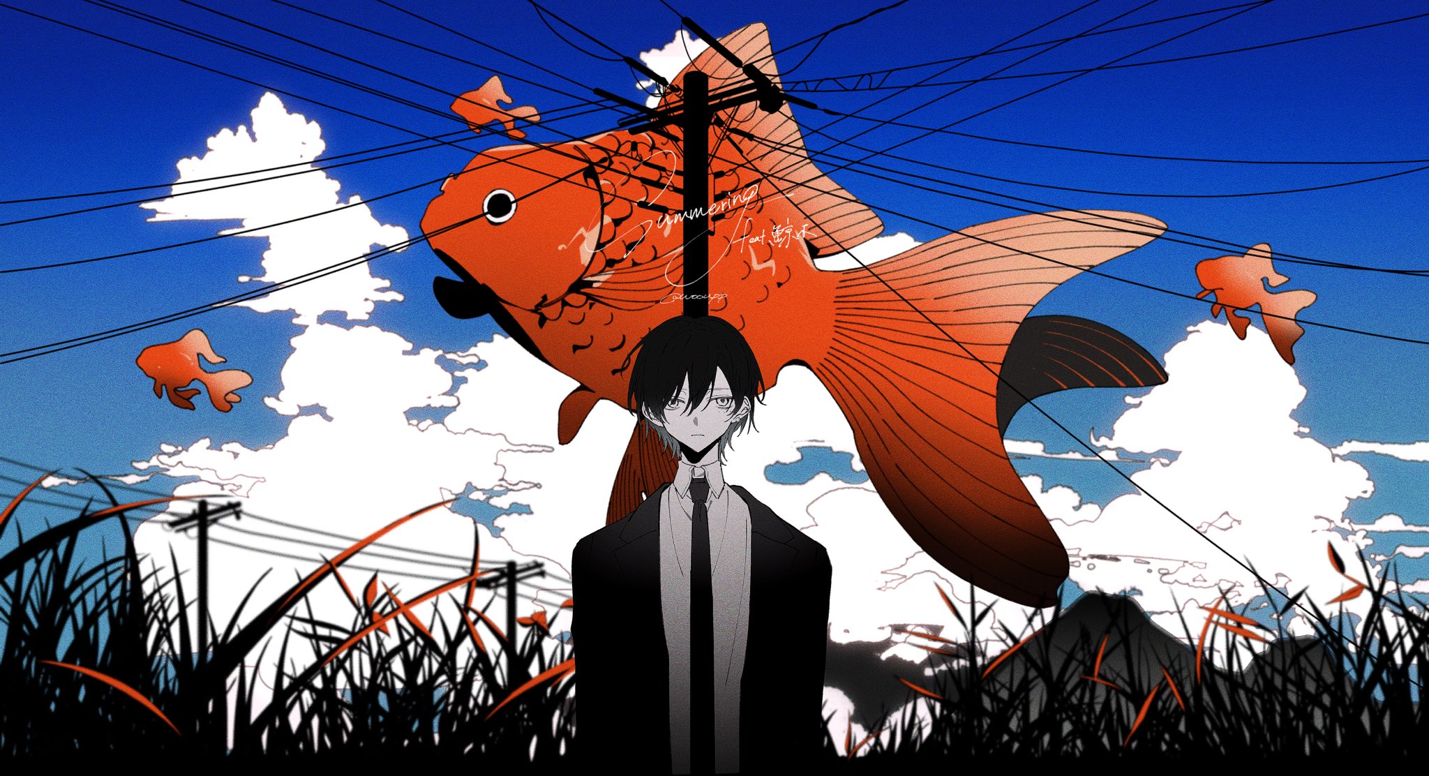 si (wooupp), indie utaite, highres, 1boy, black hair, black jacket, black necktie, blue sky, closed mouth, cloud, cloudy sky, collared shirt, day, fish, flying fish, formal clothes, goldfish, grass, hair between eyes, jacket, kujiragi, looking at viewer, male focus, necktie, outdoors, power lines, shirt, short hair, sky, solo, straight-on, suit, summering (vocaloid), surreal, upper body, utility pole, white shirt