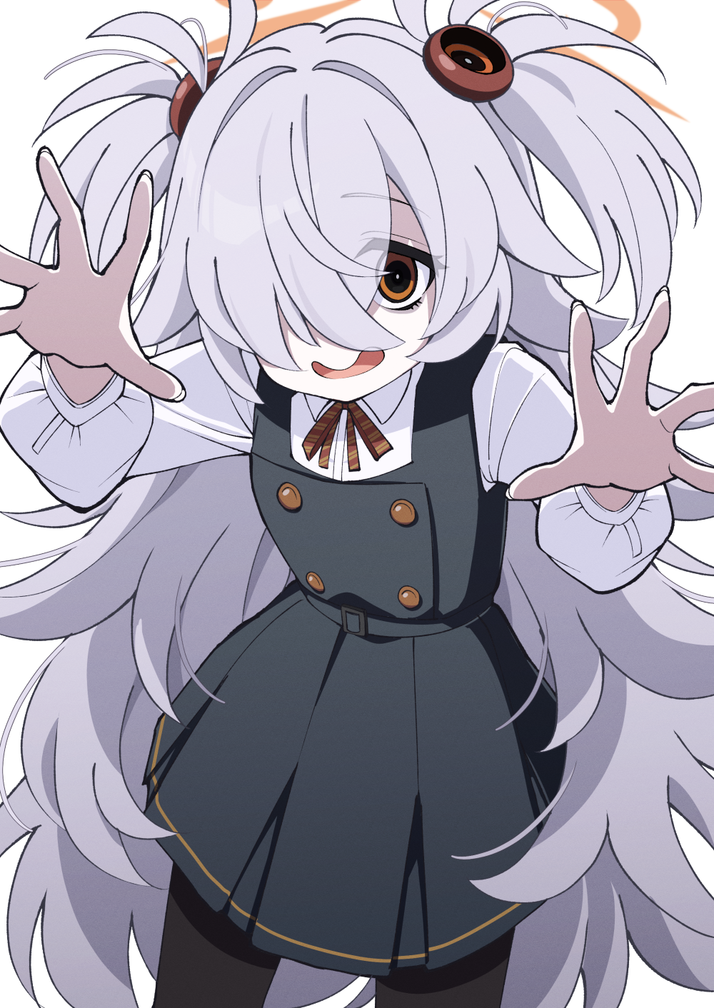tsukimirin, kanoe (blue archive), blue archive, commentary request, highres, 1girl, black dress, black pantyhose, brown eyes, brown halo, dress, grey hair, hair over one eye, halo, long hair, looking at viewer, open mouth, pantyhose, simple background, solo, two side up, white background