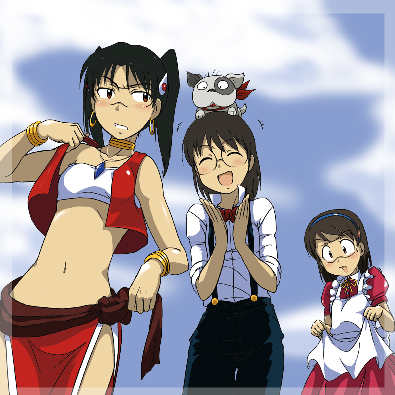 takaya n, amasawa yuuko, densuke (dennou coil), hashimoto fumie, jean roque lartigue, jean roque raltique, marie en carlsberg, nadia la arwall, okonogi yuuko, dennou coil, fushigi no umi no nadia, highres, 3girls, bandeau, blush, bracelet, brown eyes, brown hair, cosplay, dog, earrings, glasses, hair ornament, hairband, hairclip, jean roque lartigue (cosplay), jean roque raltique (cosplay), jewelry, loincloth, marie en carlsberg (cosplay), midriff, multiple girls, nadia la arwall (cosplay), neck ring, necklace, pelvic curtain, short hair, sleeves rolled up, strapless, suspenders, tube top, twintails, vest