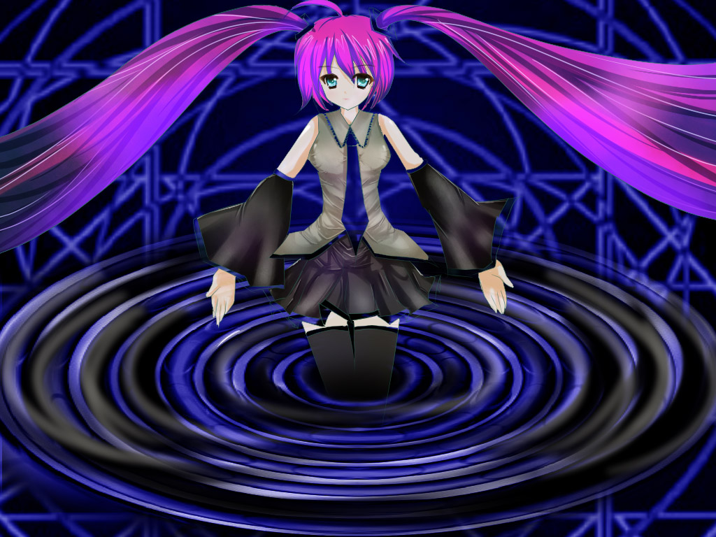 rika-tan (rikatantan), hatsune miku, vocaloid, bad id, bad pixiv id, alternate color, player 2, purple hair, solo, thighhighs, twintails