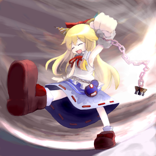 tsubasa (abchipika), ibuki suika, touhou, lowres, 1girl, :d, ^ ^, armpits, blue skirt, bow, bowtie, chain, clenched hand, closed eyes, female focus, full body, hair bow, horns, oni, open mouth, outstretched arm, red bow, red bowtie, shoes, skirt, smile, solo, walking