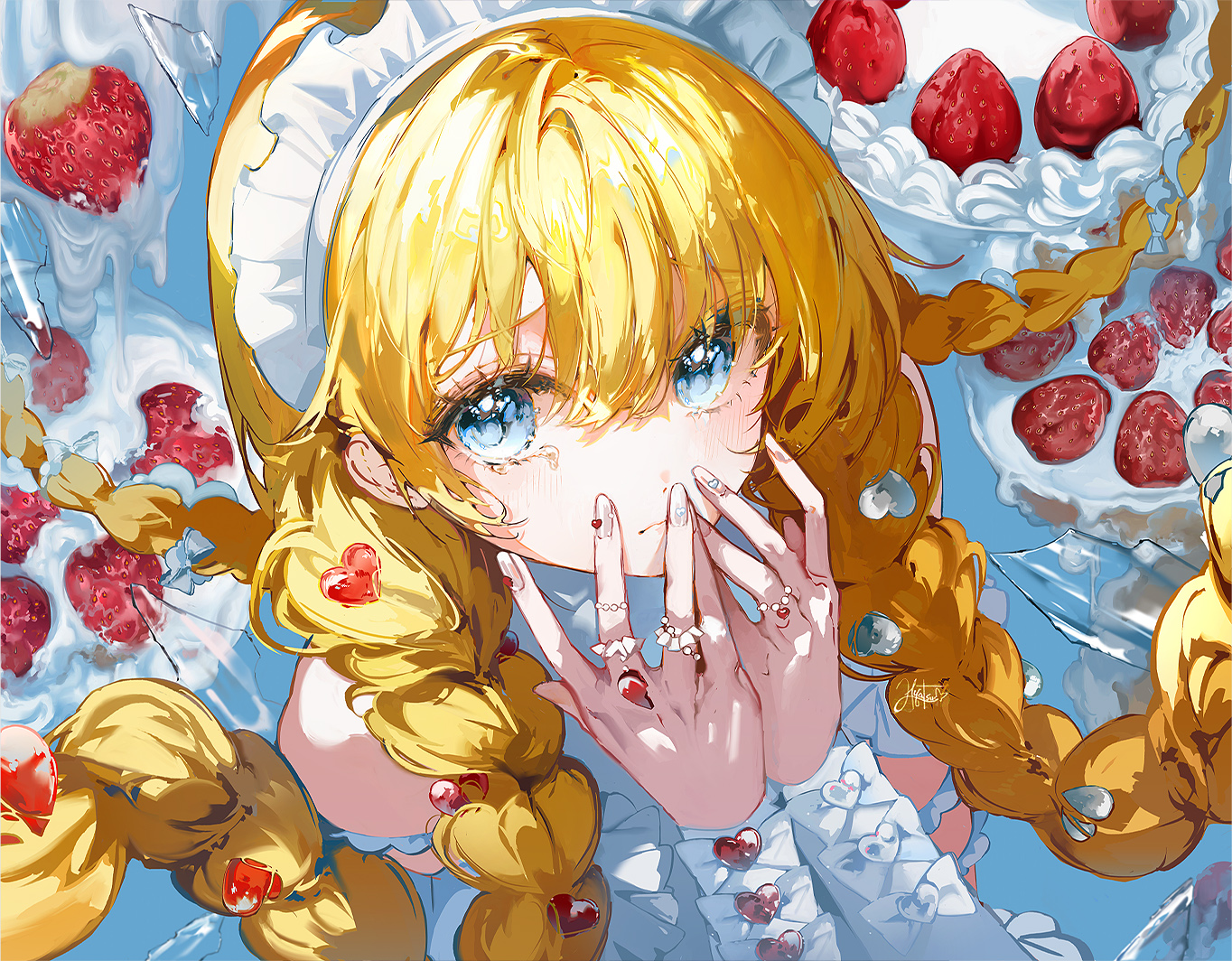 hyatsu, original, 1girl, blonde hair, blue eyes, blush, braid, cake, food, fruit, heart, jewelry, long hair, looking at viewer, maid headdress, ring, solo, strawberry, tears, twin braids