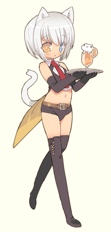 blade (galaxist), thoto, original, bad id, bad pixiv id, long image, tall image, 1boy, animal ears, borrowed character, cat boy, cat ears, cat tail, crossdressing, crossdressing (mtf), full body, heterochromia, male focus, short shorts, shorts, simple background, solo, tail, thighhighs, trap, white hair