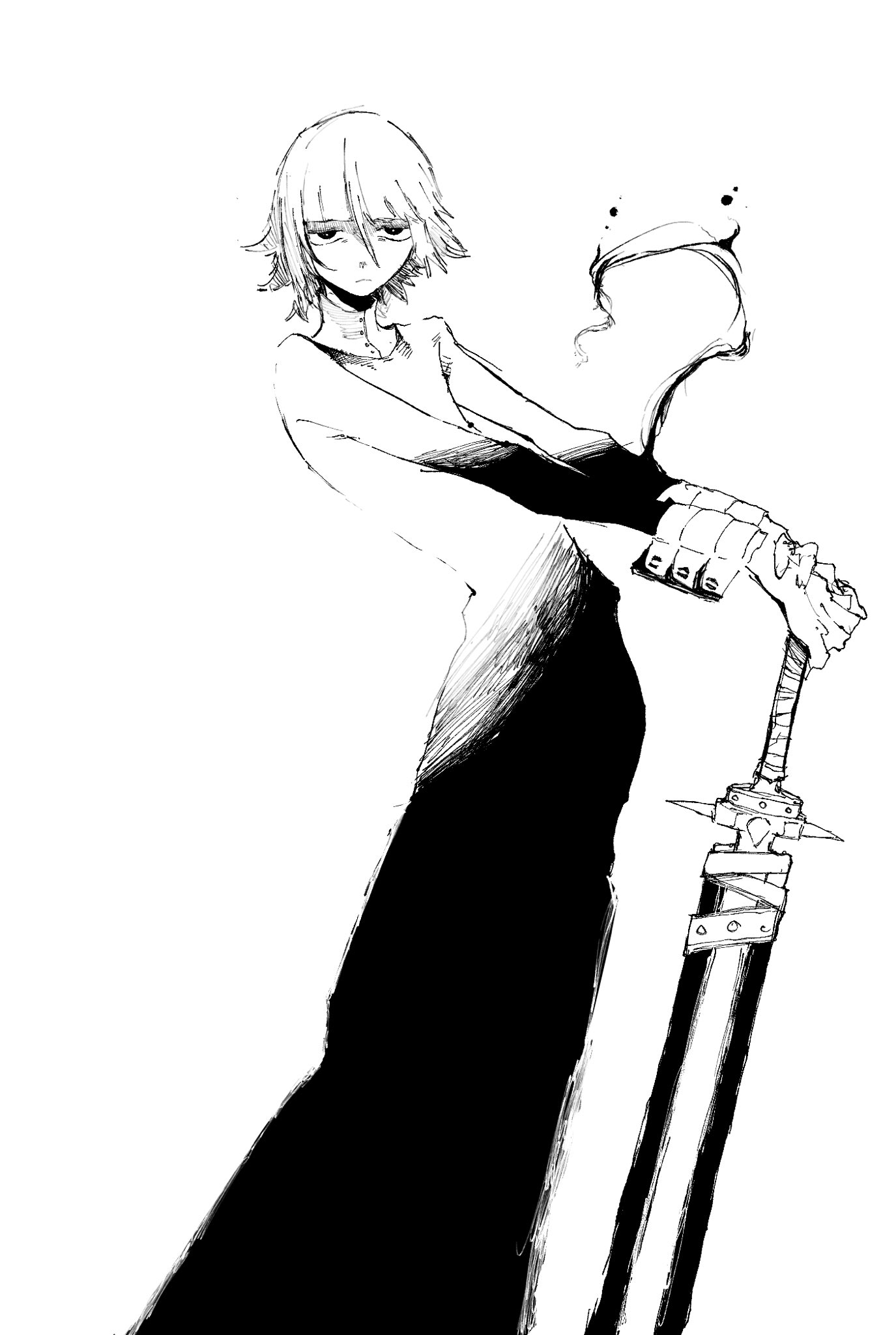 jirou 2018, crona (soul eater), ragnarok (soul eater), soul eater, highres, 1other, black dress, bracer, closed mouth, cuff links, dress, expressionless, furrowed brow, hair between eyes, hand on handle, holding, holding sword, holding weapon, looking at viewer, short hair, sketch, sleeve cuffs, sword, upper body, weapon, white background