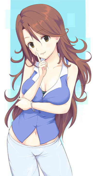 sakusaku, sumeragi lee noriega, gundam, gundam 00, 00s, 1girl, bracelet, breasts, brown hair, cleavage, female focus, finger to mouth, gradient background, head tilt, jewelry, long hair, midriff, sleeveless, smile, solo, tank top, yellow eyes
